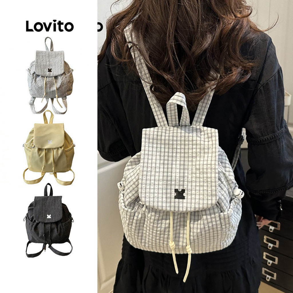 Lovito กระเป๋าเป้สะพายหลังแบบมีเชือกรูดสำหรับผู้หญิง สไตล์ลำลอง เหมาะสำหรับนักเรียนและเดินทาง LFA107039