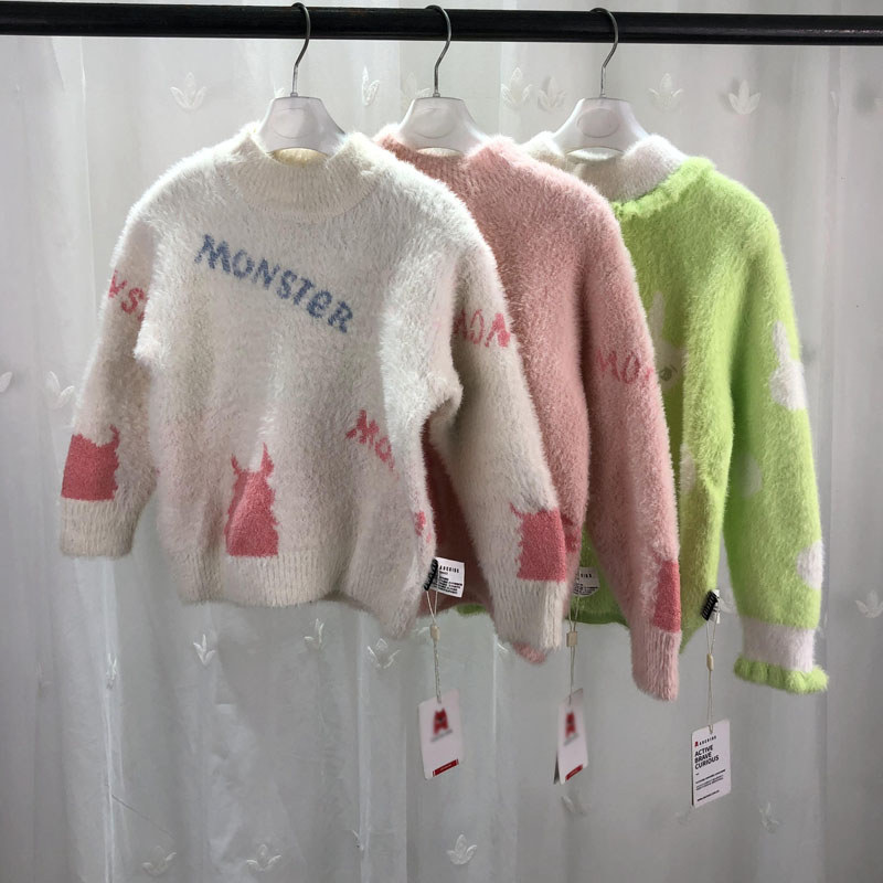 80 90 AB * ยี่ห้อถอนตู้เด็กเสื้อผ้าเด็กหญิง Faux Mink ขนแกะครึ่งคอเต่าเสื้อกันหนาวเด็ก S