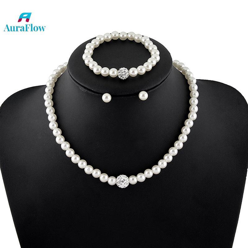AuraFlow แฟชั่นเครื่องประดับไข่มุกชุด Luxury Ball Pearls Nelace ต่างหูสร้อยข้อมือชุดใหม่