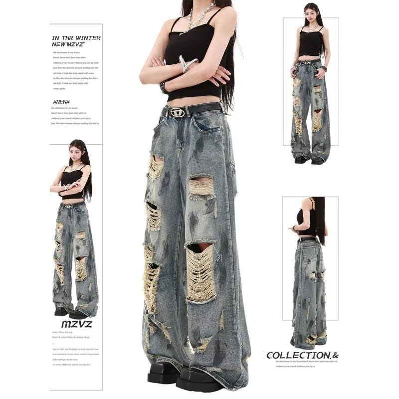 Ripped Jeans Men Loose Straight Wide-Leg Pants American High Street Casual