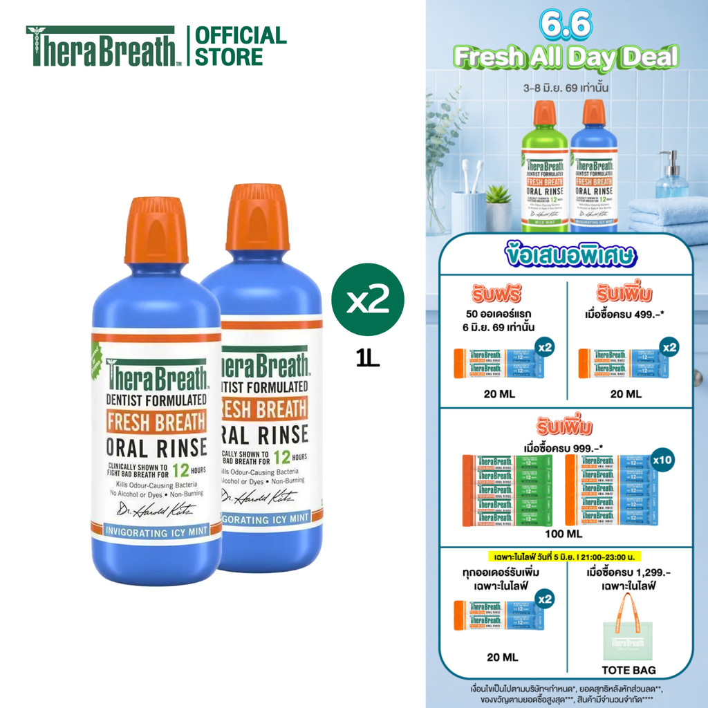 [แพ็คคู่] TheraBreath 1L สูตร Invigorating Icy Mint - Mouthwash น้ำยาบ้วนปาก ลดกลิ่นปาก ไม่มีแอลกอฮอล์