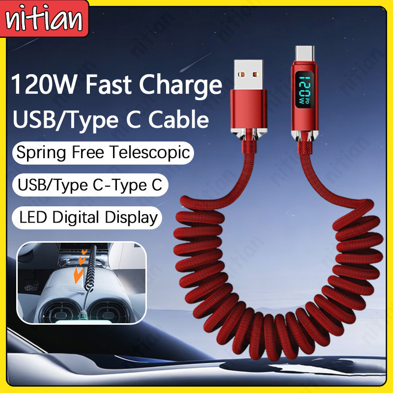 120W USB/Type C ถึง Type C Data CABLE ฤดูใบไม้ผลิRetractable Car Charger สายไฟ LED สมาร์ทจอแสดงผลโทรศัพท์ชาร์จสายไฟ PD Fast สายชาร์จ