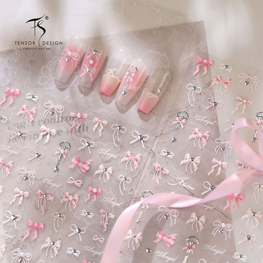 [Meow.Sensei] Iron Plain Hot-sell Pink Bow Sweet Nail Sticker TL-474 นูน Hot Silver Cute Streamer Nails Sticker