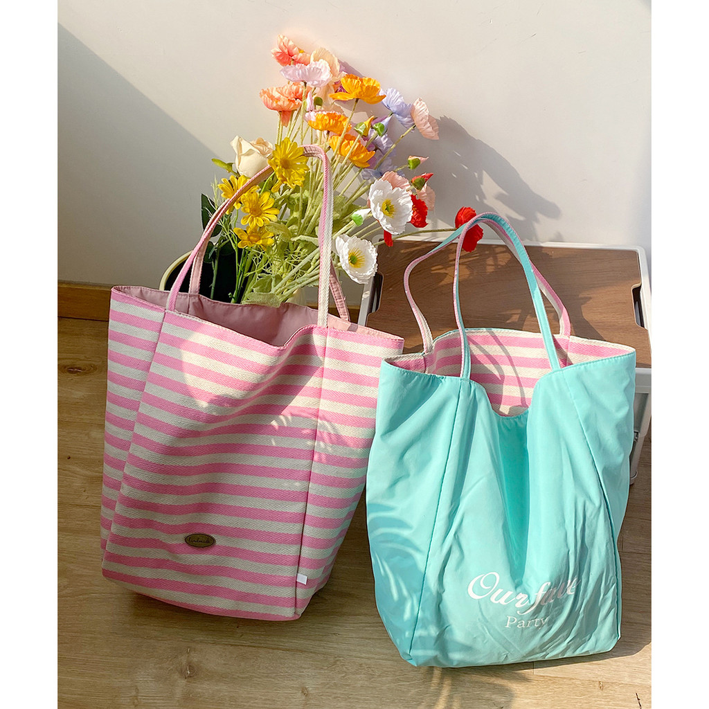 Fresh Contrast Color Striped Canvas Bag Mint Mambo Double-Sided Bag Korean Style ns Dual-Use Casual 