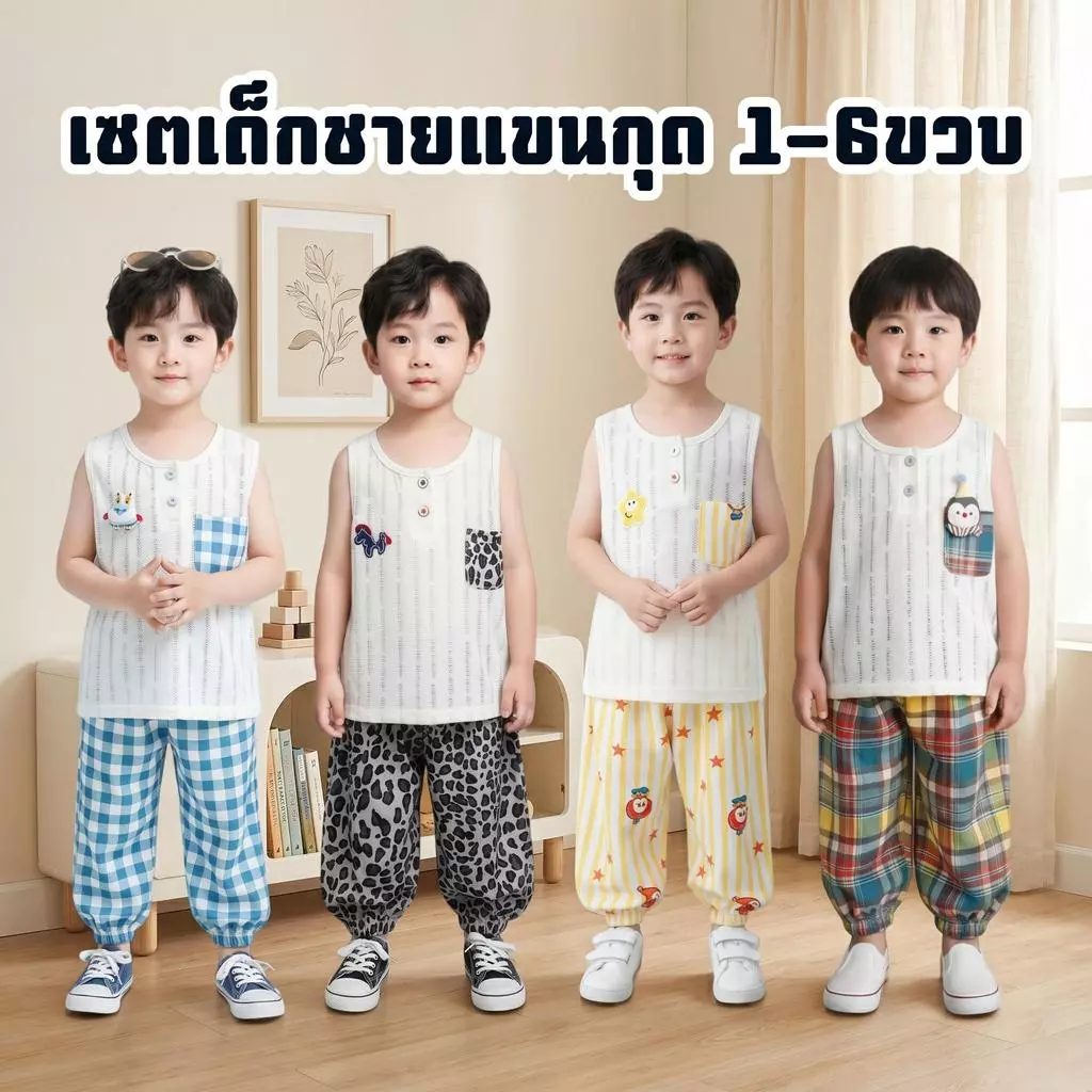 MooDeng Baby เซตเด็กชายแขนกุด 1-6ขวบ มี4แบบให้เลือก งานตุ๊กตาติดหน้าอก กางเกงขายาว เสื้อดีไซน์แบบขาด