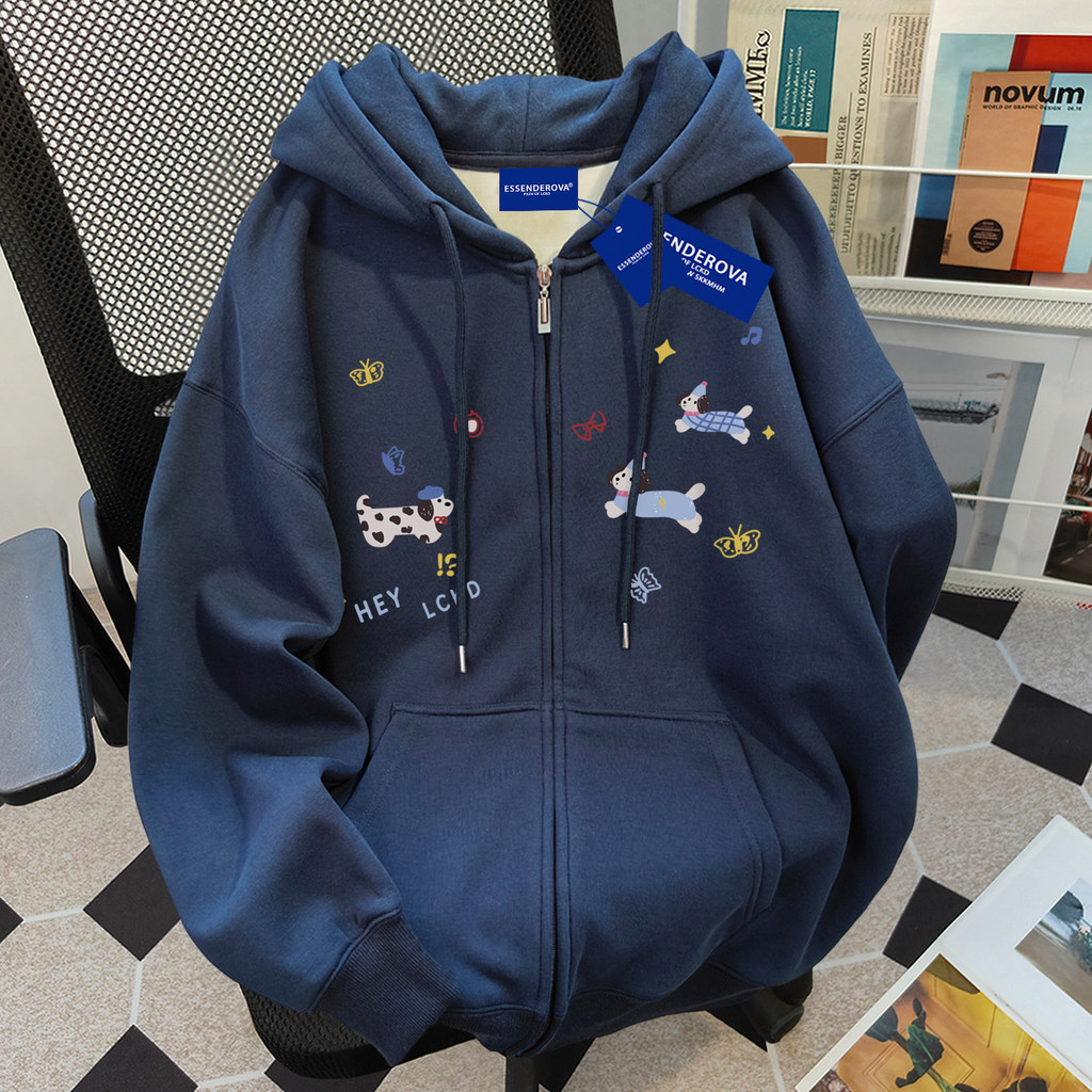 Zip Up Hoodie ผู้หญิงน่ารัก Dalmatian Puppy ผีเสื้อพิมพ์ขนาดใหญ่แขนยาวลําลอง Hooded Jacket
