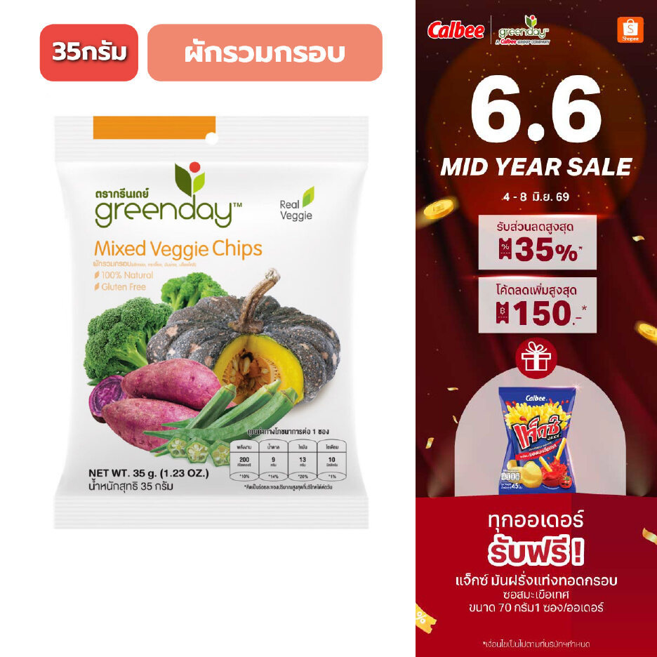 กรีนเดย์ ผักรวมกรอบ 35 กรัม (ฟักทอง, มันม่วง, กระเจี๊ยบ, บร็อคโคลี่)Greenday Mixed Veggie Chips (35g)