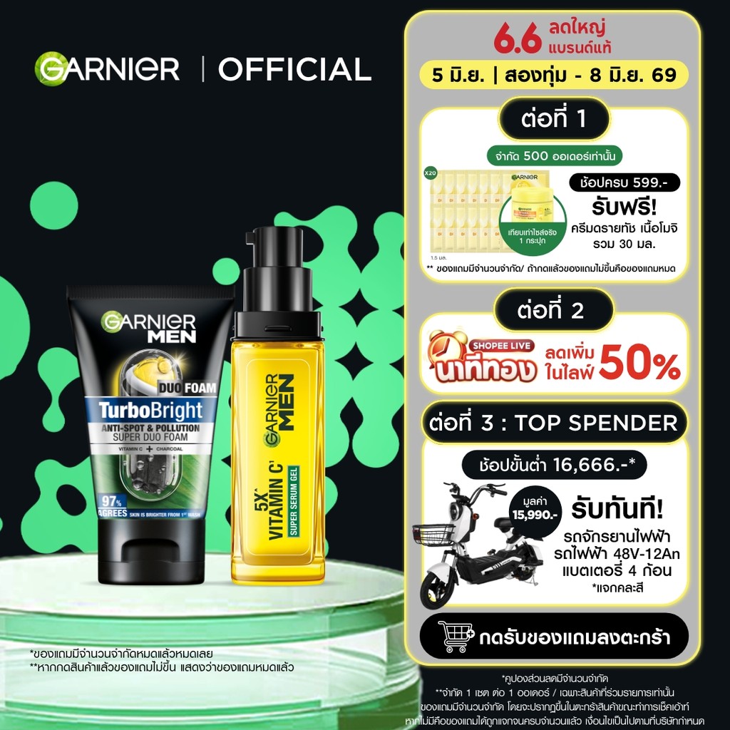 การ์นิเย่ เมน เทอร์โบ ไบรท์ ซูเปอร์ เซรั่ม เจล 30มล. + โฟม 100มล. GARNIER MEN โฟมผู้ชาย โฟมล้างหน้า ครีมทาหน้า