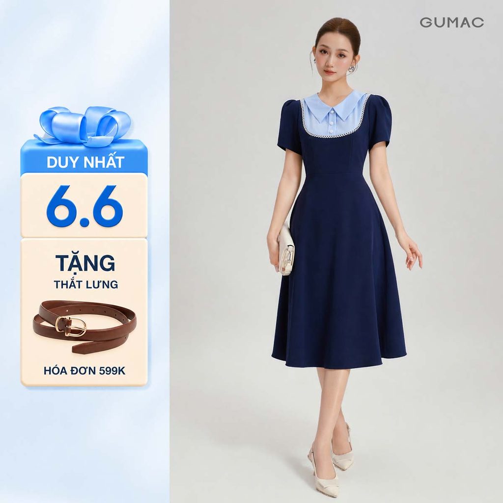 ชุดเดรสแขนสั้นลายทางคอปก A-Line สําหรับผู้หญิงพร้อมกระเป๋าแฟชั่น GUMP LDF0902