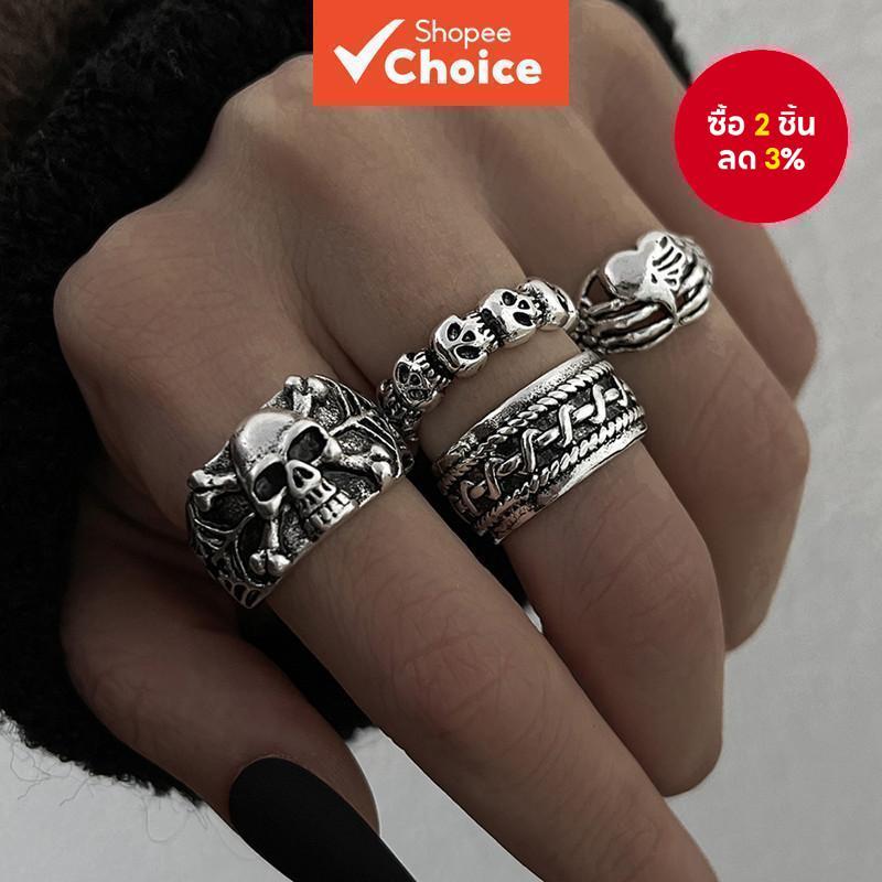 Silver 4 ชิ้น Punk Goblin Skull Heart แหวนชุด,อุปกรณ์เสริม Edgy สําหรับงบสไตล์ที่ไม่ซ้ําใคร