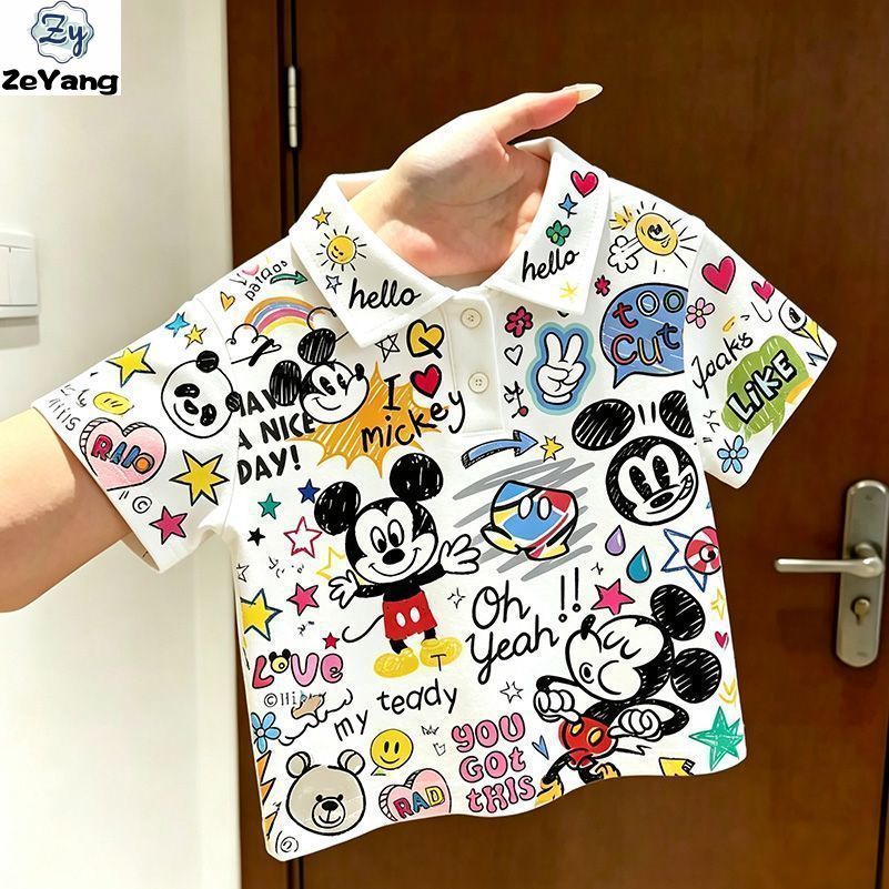[ซี่] 70-140พร้อมสต็อกเด็กผ้าฝ้ายบริสุทธิ์โปโลเสื้อกราฟฟิตีสบายๆแขนสั้นเสื้อยืดเด็กการ์ตูนด้านบนแฟชั่นเสื้อผ้าเด็กจัดส่งที่รวดเ