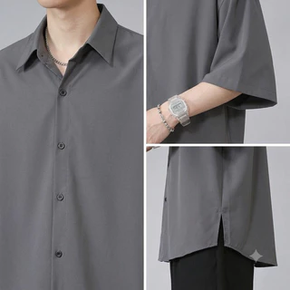 เสื้อเชิ้ตแขนสั้นผู้ชายสไตล์เกาหลี สีพื้น ทรงหลวม ไซส์ใหญ่ ใส่สบาย ระบายอากาศ เสื้อแฟชั่นลำลองแมทช์ง่าย