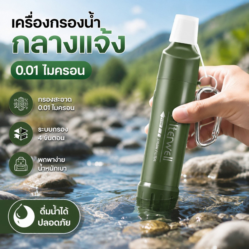 เครื่องกรองน้ำกลางแจ้ง 0.01 ไมครอน มีประสิทธิภาพสูง  ระบบกรองระดับ 4 เหมาะสำหรับเดินป่า เครื่องกรองน้ําพกพา