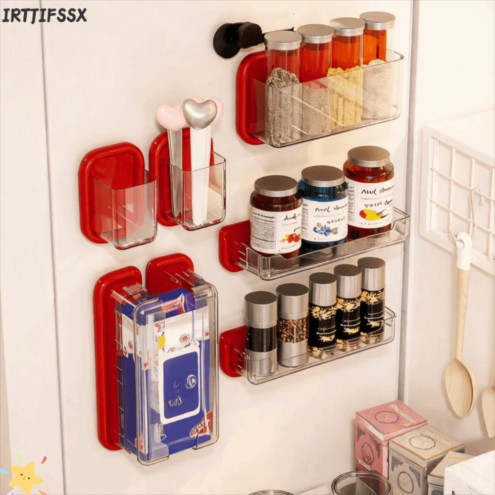 IRTJIFSSX ตู้เย็นตะกร้าเก็บแม่เหล็ก,สีขาวสีแดงชั้นเก็บแม่เหล็ก,คุณภาพสูงมัลติฟังก์ชั่ติดตั้งง่ายด้านนอกด้านข้างองค์กรชั้นวางตู้เย็นในครั