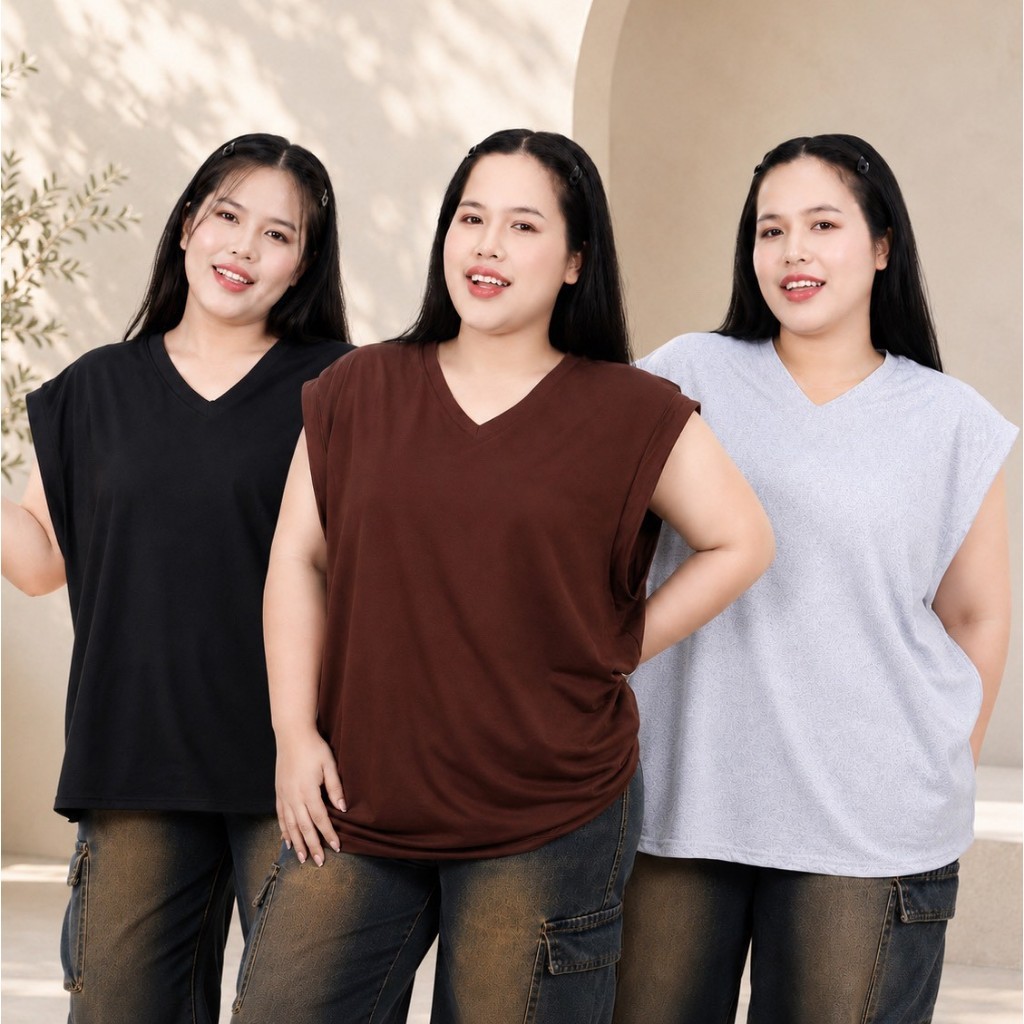 เสื้อยืดสาวอวบ ไซส์ใหญ่ เสื้อคอวี แขนกุด สีพื้น ผ้าคอตตอนผสม เนื้อผ้านิ่ม ดีไซน์ทรงสปอร์ต ใส่ได้ทั้งชายและหญิง tb8103#