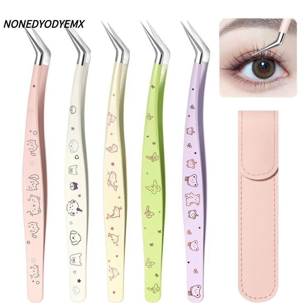 NONDYEMX แหนบขนตาปลอม, Anti-static สแตนเลส Lashes Extension Tweezer, ความแม่นยําสูงพร้อมหนังการ์ตูน Eyelash Curler เครื่องมือแต่งหน้าความงาม