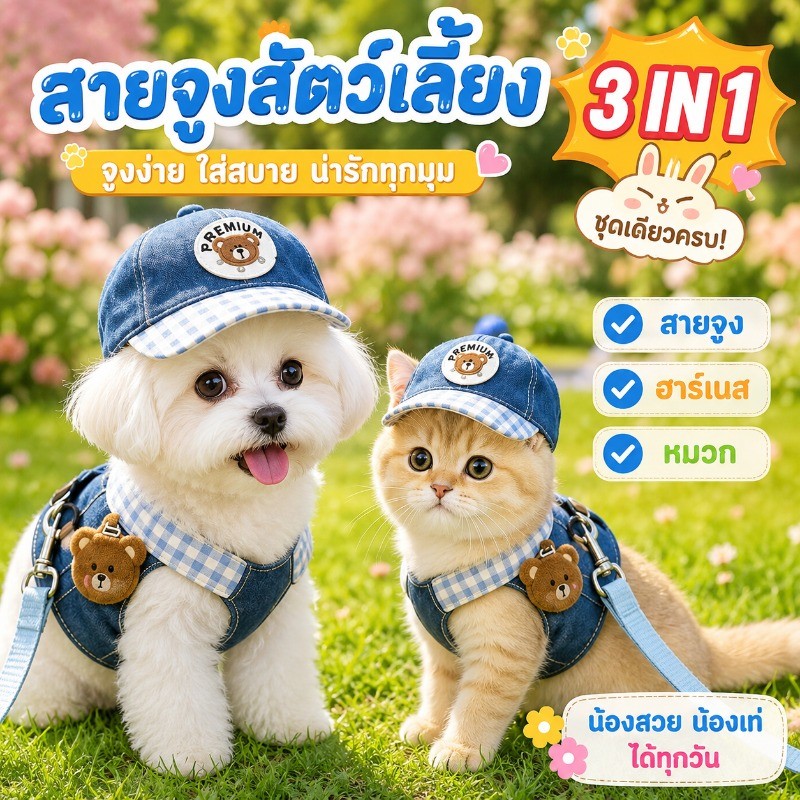 3pcs สายจูงสุนัขชุ สายจูงแมว ชุดหมาสไตล์การ์ตูนน่ารัก