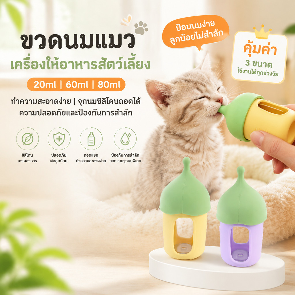 ขวดนมแมว เครื่องให้อาหารสัตว์เลี้ยง 20/60/80ml ทำความสะอาดง่าย จุกนมซิลิโคน ถอดได้ ความปลอดภัยและป้องกันการสำลัก