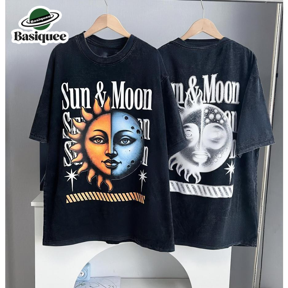 Basi💥เสื้อแฟชั่น เสื้อยืด oversize ผ้าฝ้าย100% แนวสตรีท ไม่ต้องรีดผ้า สวมใส่สบาย ผ้านิ่ม  ลาย  "SUN MOON"