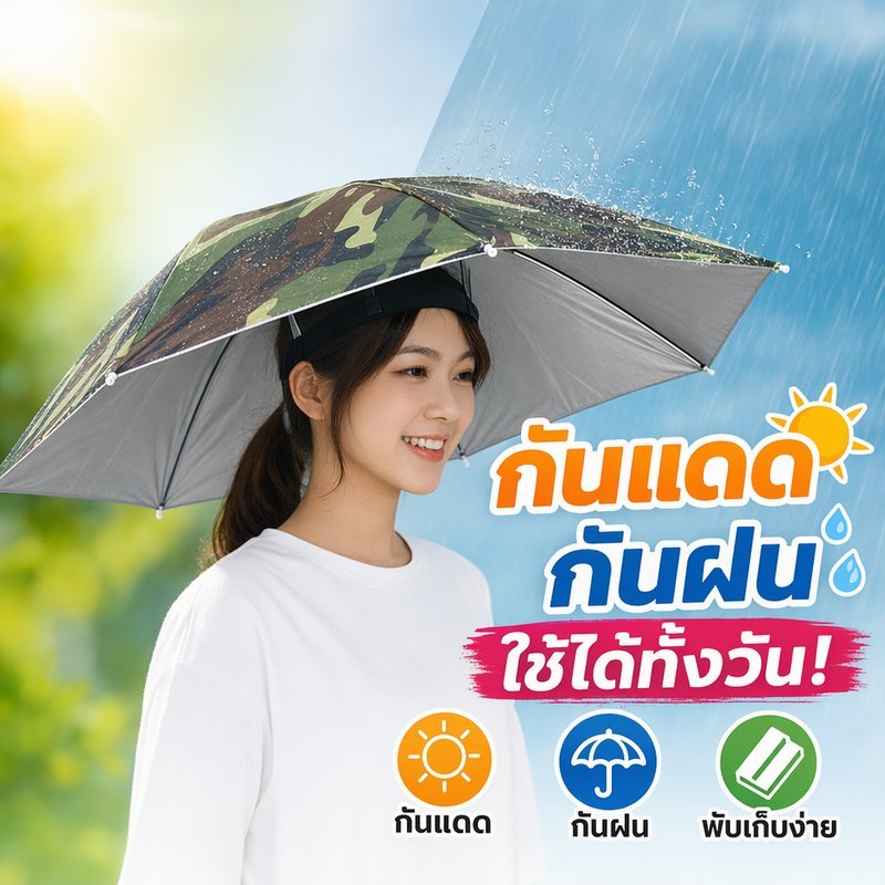 หมวกร่มกันแดด ร่มสวมศีรษะ กันยูวี กันฝน พับได้ น้ำหนักเบา ผู้ใหญ่ เด็ก ตกปลา แคมป์ปิ้ง ทำสวน