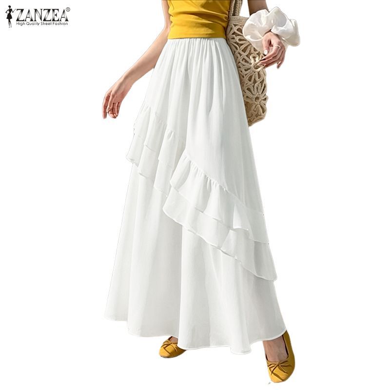 ZANZEA ผู้หญิงเกาหลี Elegant Ladylike เอวยางยืด Ruffles Splicing หลวม Maxi A-Line Oversirt — صورة 6