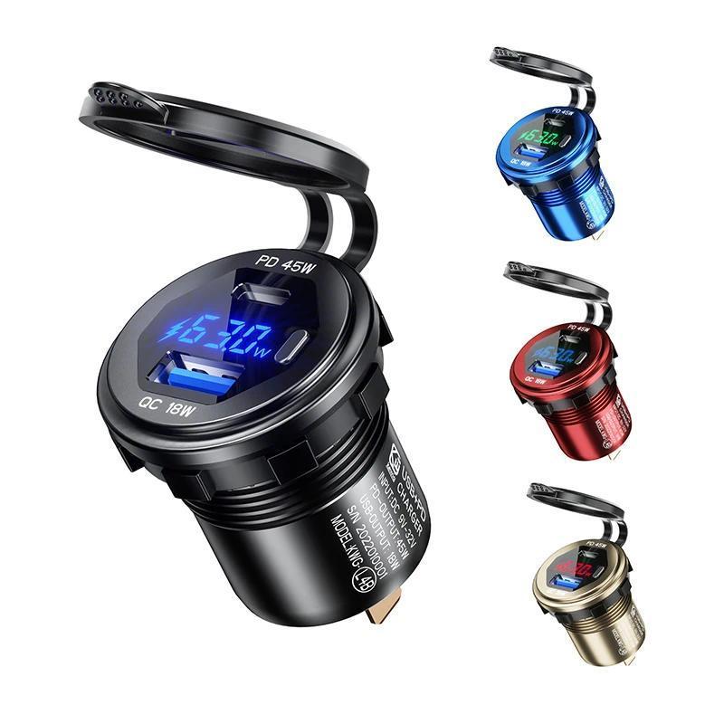 E Metal 45W USB CType C PD + 18W QC3.0 USB Fast Car Charger with Voltage/Power Display for SUV Motor
