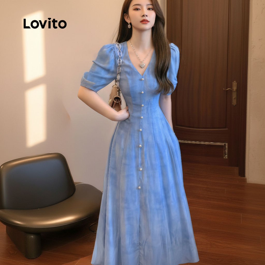 Lovito ชุดเดรสลําลองติดกระดุม สําหรับผู้หญิง สีฟ้า แฟชั่นฤดูใบไม้ผลิ ฤดูร้อน L158AD190