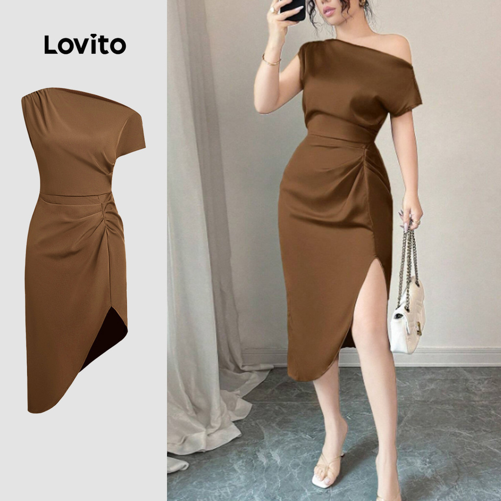 (NEW) Lovito ชุดเดรสผ้าพลีทซ่อนไซน์สีน้ำตาลสำหรับสุภาพสตรี L155AD343