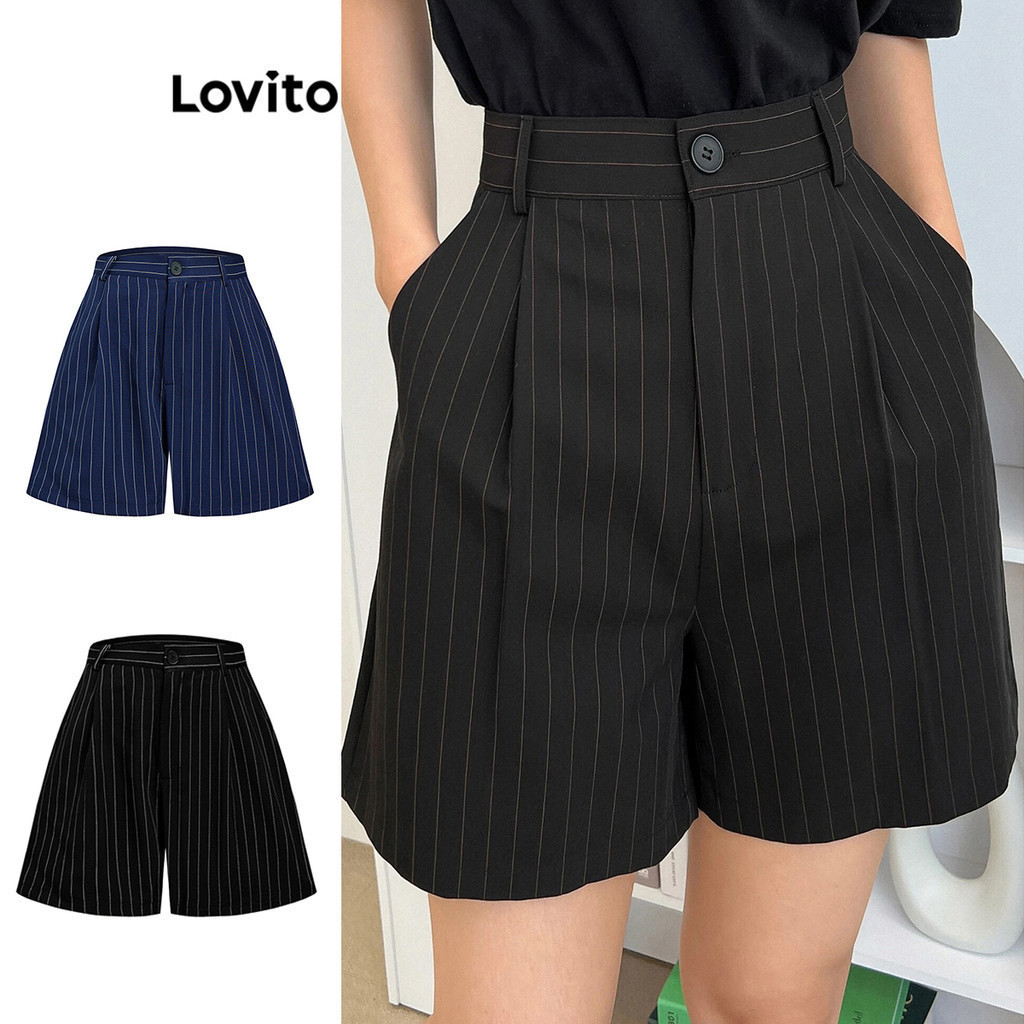 Lovito กางเกงขาสั้นผู้หญิง ลายทาง มีกระดุม สไตล์หรูหรา L105MD634