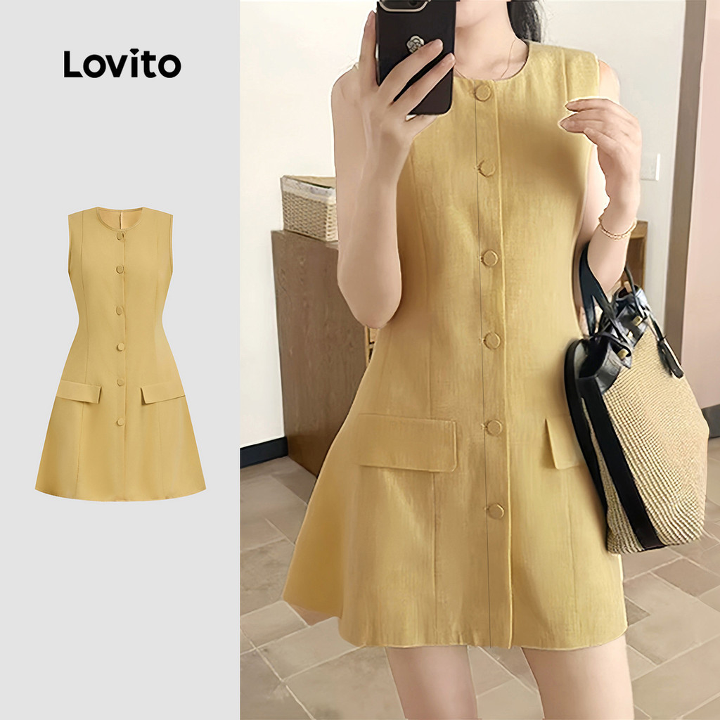 Lovito ชุดเดรสหรูหรา ปุ่มปลอม กระเป๋าปลอม เดรสสีเหลืองอ่อนสำหรับผู้หญิง ฤดูใบไม้ผลิ/ฤดูร้อน L150ED514