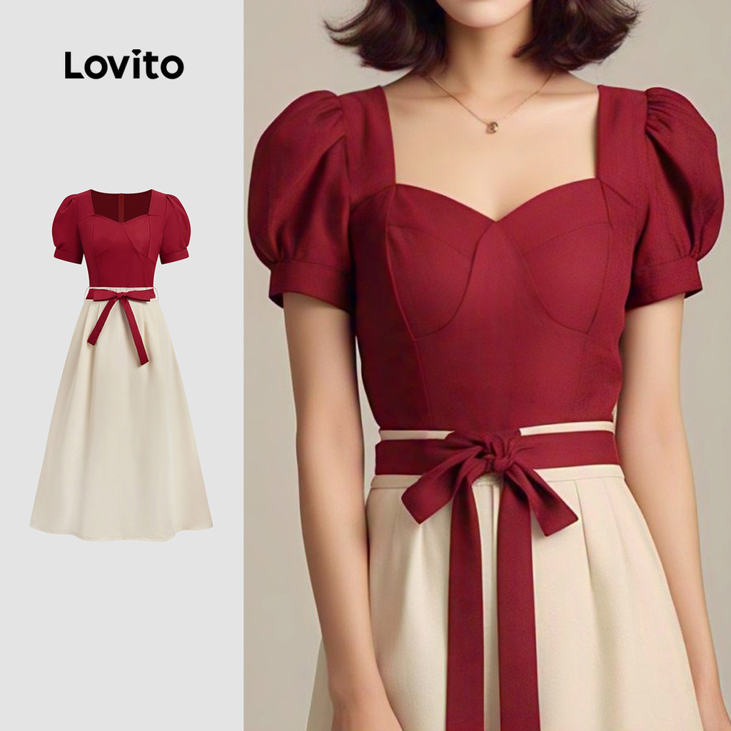 Lovito เดรสออกงานปาร์ตี้ สีแดงเข้ม (claret) สำหรับฤดูใบไม้ผลิ/ฤดูร้อน มีเข็มขัด สำหรับผู้หญิง L155ED046