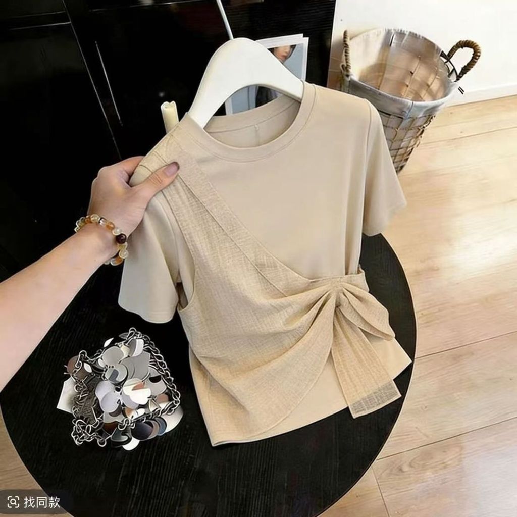 เสื้อยืดแขนสั้นผ้าโปร่งเย็บปะติดปะต่อกันสองชิ้นปลอมสําหรับฤดูร้อนเสื้อตัวในใส่แล้วดูผอมแบบใหม่สําหรับผู้หญิง