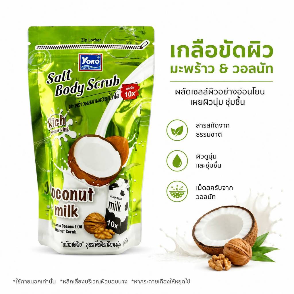 โยโกะ สครับเกลือ สูตรมะพร้าวผสมนมฮอกไกโด YOKO SALT BODY SCRUB เกลือขัดผิว  โยโกะ โคโคนัท พลัส มิลค์