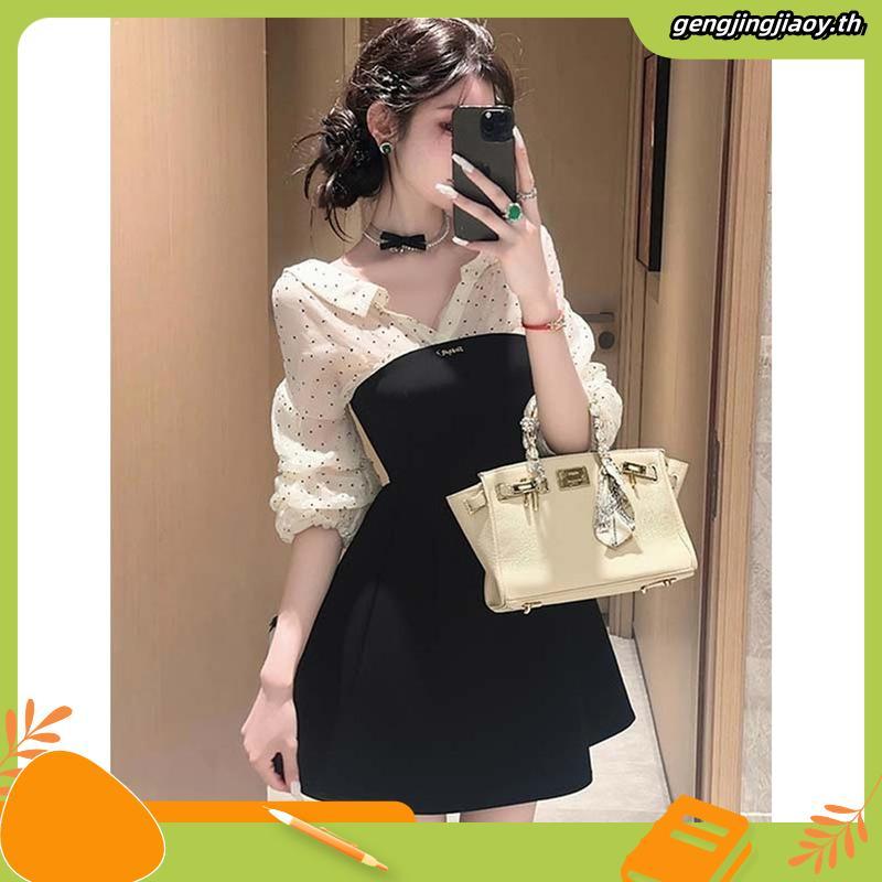 CA413 : Calorie Fashion (พร้อมส่ง L-6XL) มินิเดรสสีดำทูโทน คอปกลายจุด แขนพองน่ารักมากก ใส่ได้หลายโอก