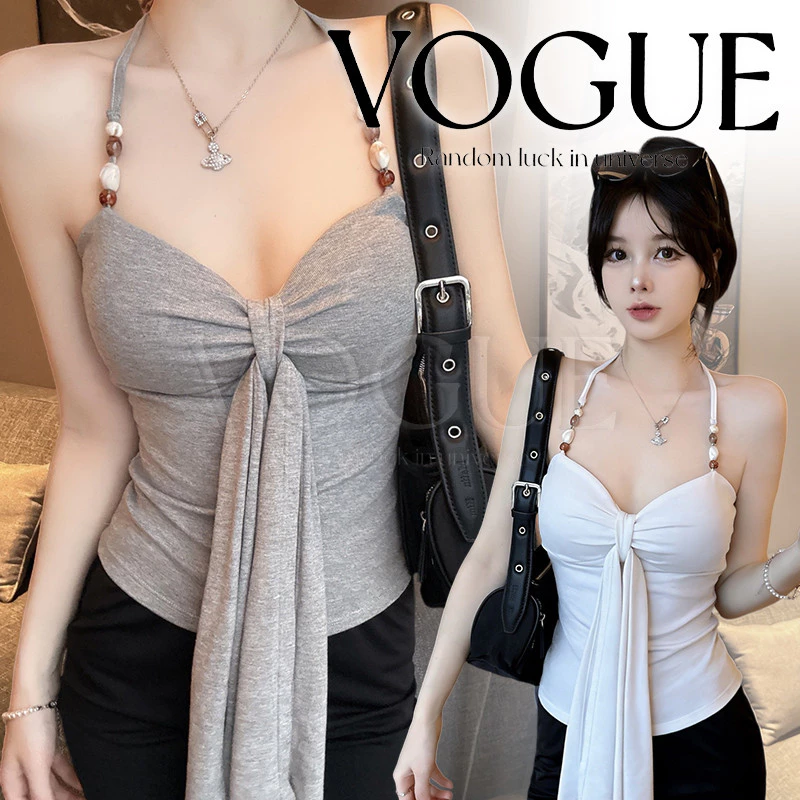 Vogue🌟พร้อมส่ง🌟 เสื้อคล้องคอแต่งสายลูกปัดน่ารัก ดีไซน์ผูกเชือกเก๋ๆ พอดีตัว (FY6199)