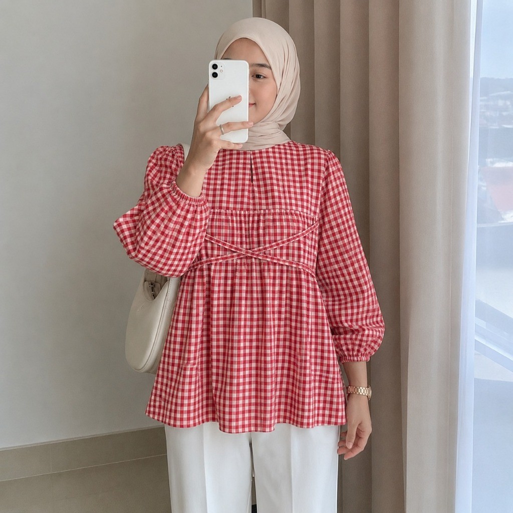 Tq88indonesia LIANA BLOUSE Check แขนยาวสไตล์เกาหลี