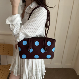 Retro Contrast สี Big Polka Dot Underarm Tote กระเป๋า PU กระเป๋าสะพาย Commuter Casual กระเป๋าถือความจุขนาดใหญ่
