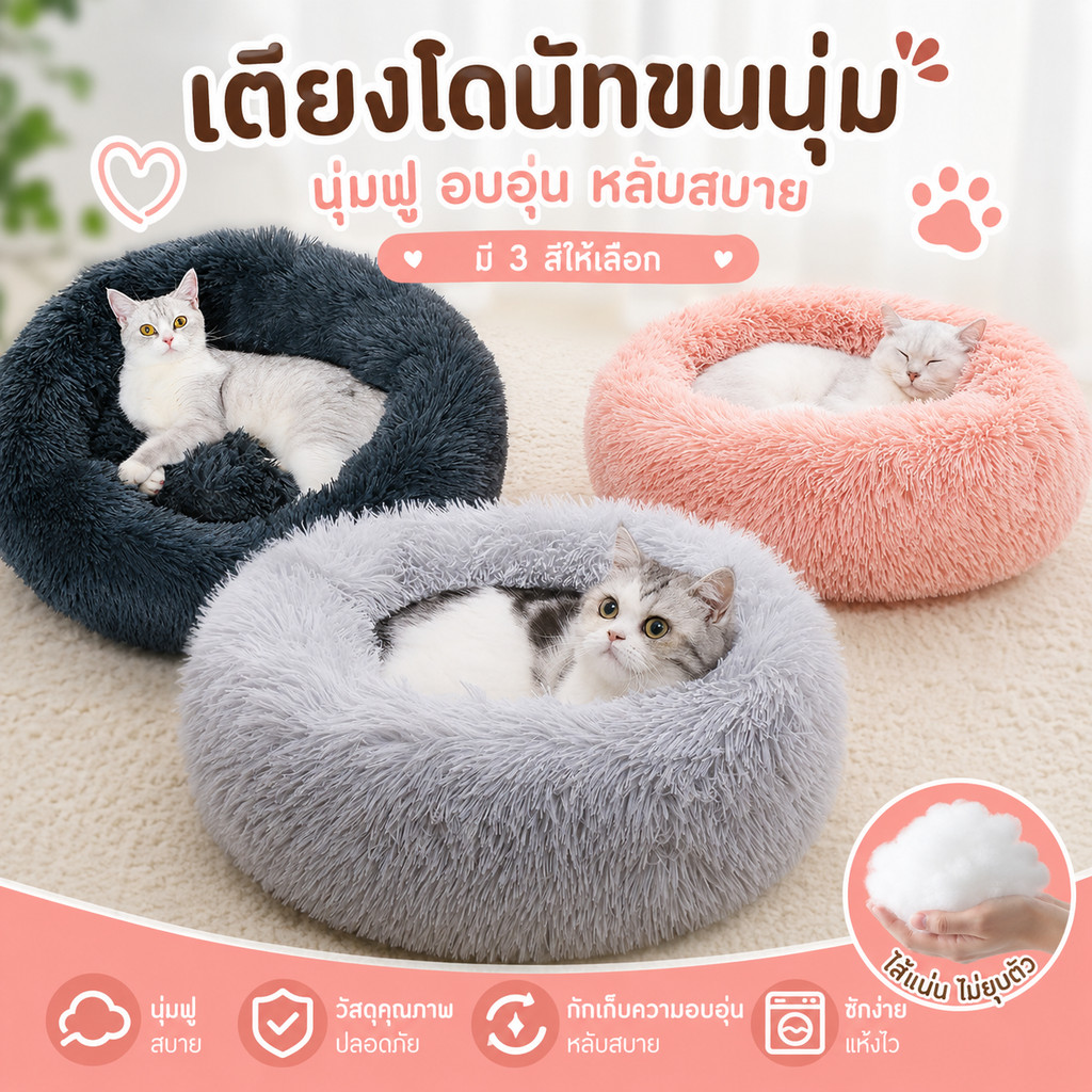 CODที่นอนสัตว์เลี้ยง เบาะแมว ที่นอนแมว ที่นอนโดนัทสัตว์เลี้ยง พื้นกันลื่นด้านล่าง ซักได้ ขนฟูนุ่มมาก