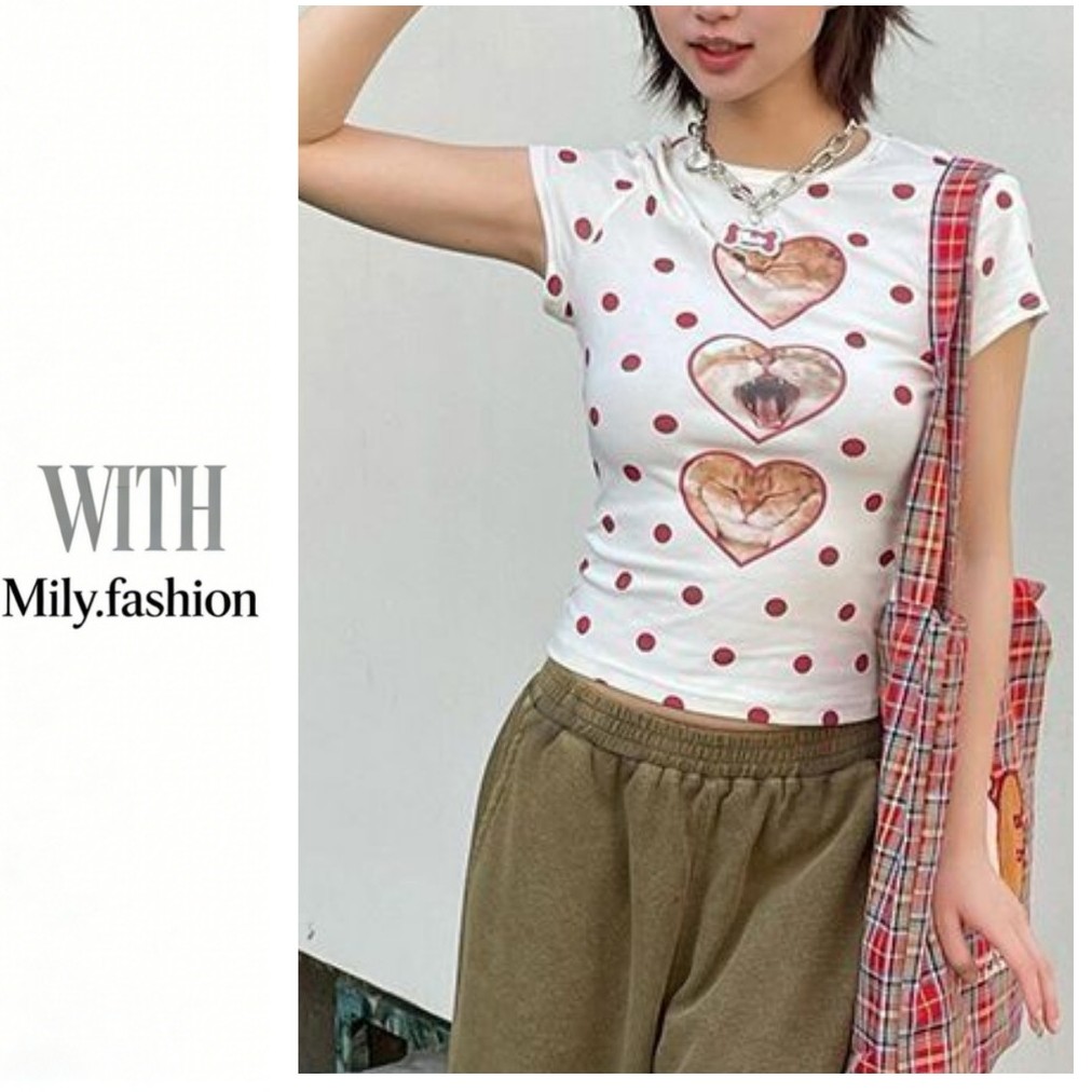 Milyfashion Modal Cat รูปหัวใจรูปแบบ Polka Dot ไหล่แขนสั้น T ฤดูร้อนสไตล์ใหม่ Slimmer ดู All-Match N