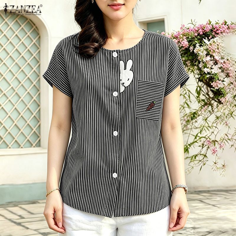 ZANZEA ผู้หญิงเกาหลีฤดูร้อนสบายๆลูกเรือคอ Raglan แขนกระต่ายพิมพ์ปุ่มขึ้นเสื้อลาย — صورة 4