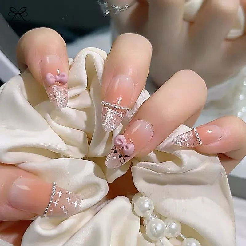 เล็บปลอมทรงตาแมว 10 ชิ้น เล็บปลอมน่ารักทรงรี เล็บปลอมแบบสวมใส่ได้