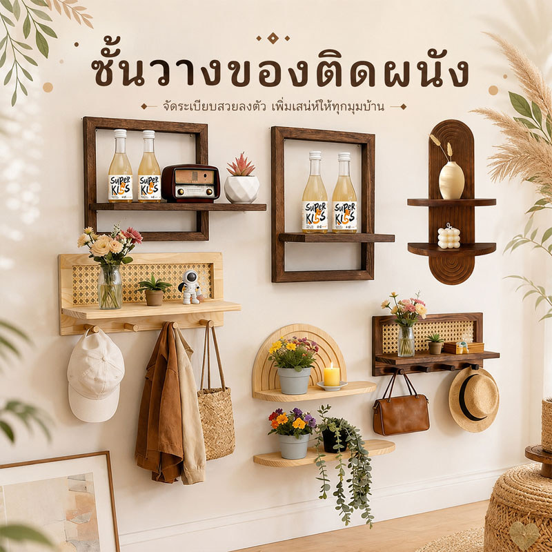 ชั้นวางของติดผนัง ชั้นไม้ติดผนัง ฟังก์ชันหลากหลายจัดเก็บ แข็งแรงทนทาน การเก็บของในโถงทางเข้า ตกแต่งบ้าน สไตล์โบฮีเมียน