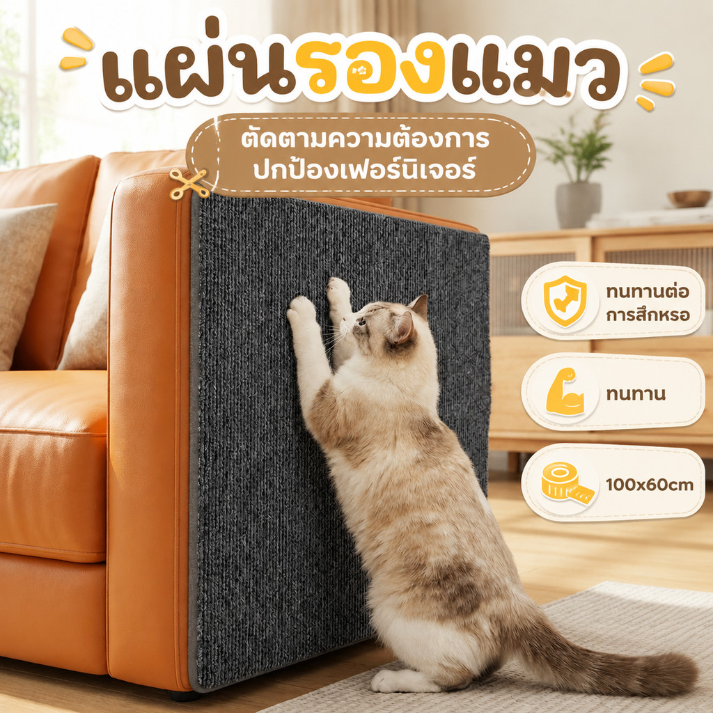 พรมลับเล็บแมว 100x60cm มีกาวในตัว แผ่นกันแมวข่วนโซฟา ตัดได้ตามต้องการ ป้องกันรอยขีดข่วน Cat Scratching Mat