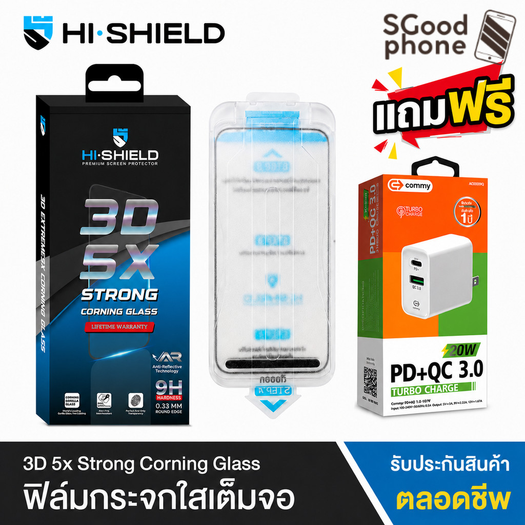 Hishield 3D 5X Strong Corning ฟิล์มกระจก For iPhone 17 / 16 / 15 / Pro Max / Pro / Plus / Air