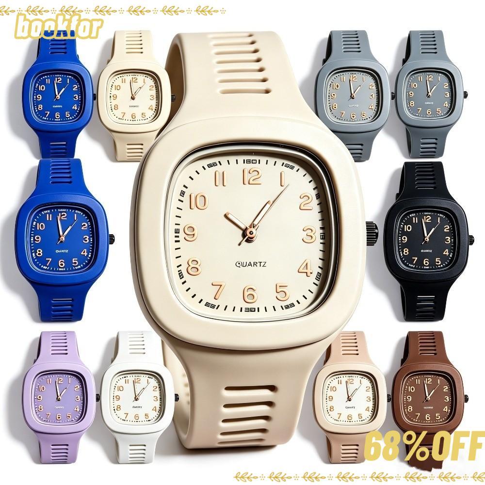 BOOKFOR นาฬิกาควอทซ์ สายซิลิโคน Square Watch, นาฬิกาข้อมือลําลองสไตล์เกาหลีผู้หญิงเด็กผู้หญิง