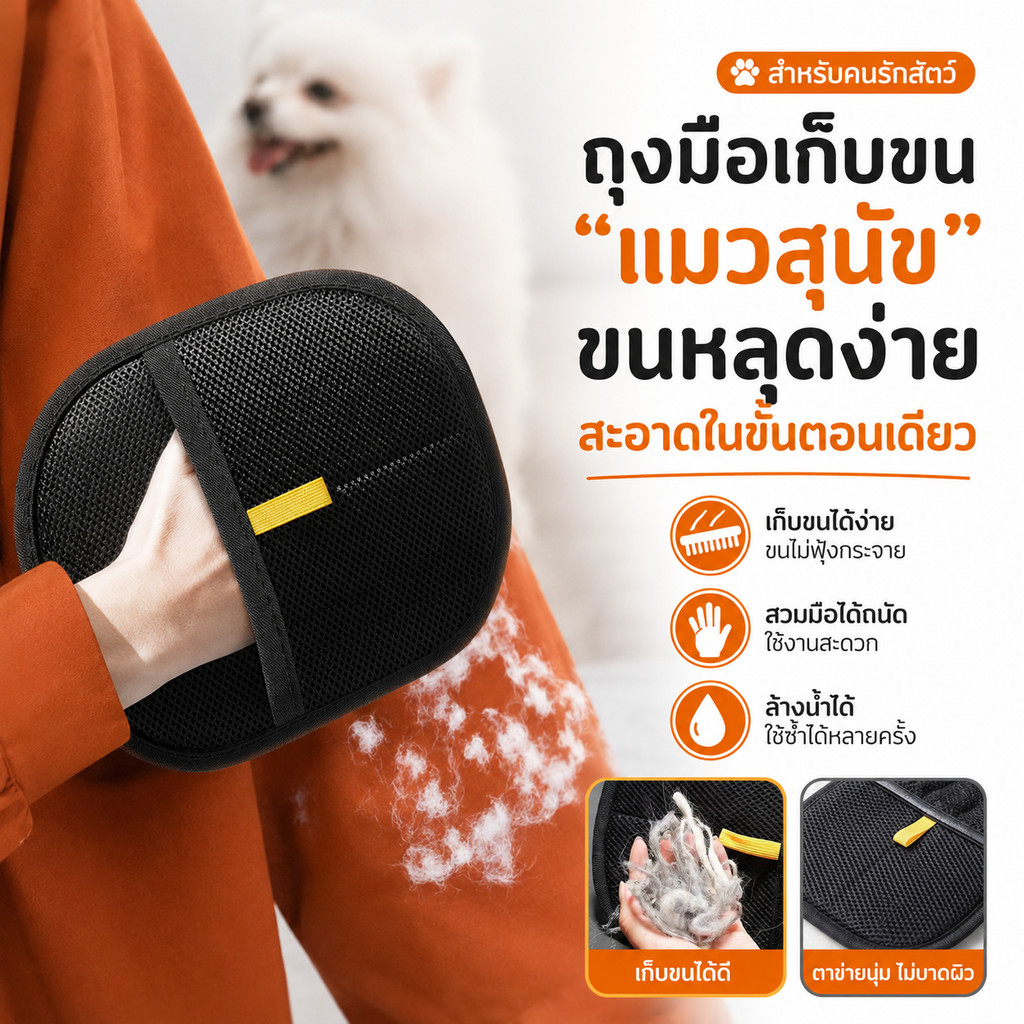 ถุงมือเก็บขนสัตว์เลี้ยง ถุงมือแปรงขนหมาแมว ตาข่ายนุ่ม ล้างน้ำได้ ใช้ซ้ำได้ เก็บขนโซฟาเสื้อผ้า