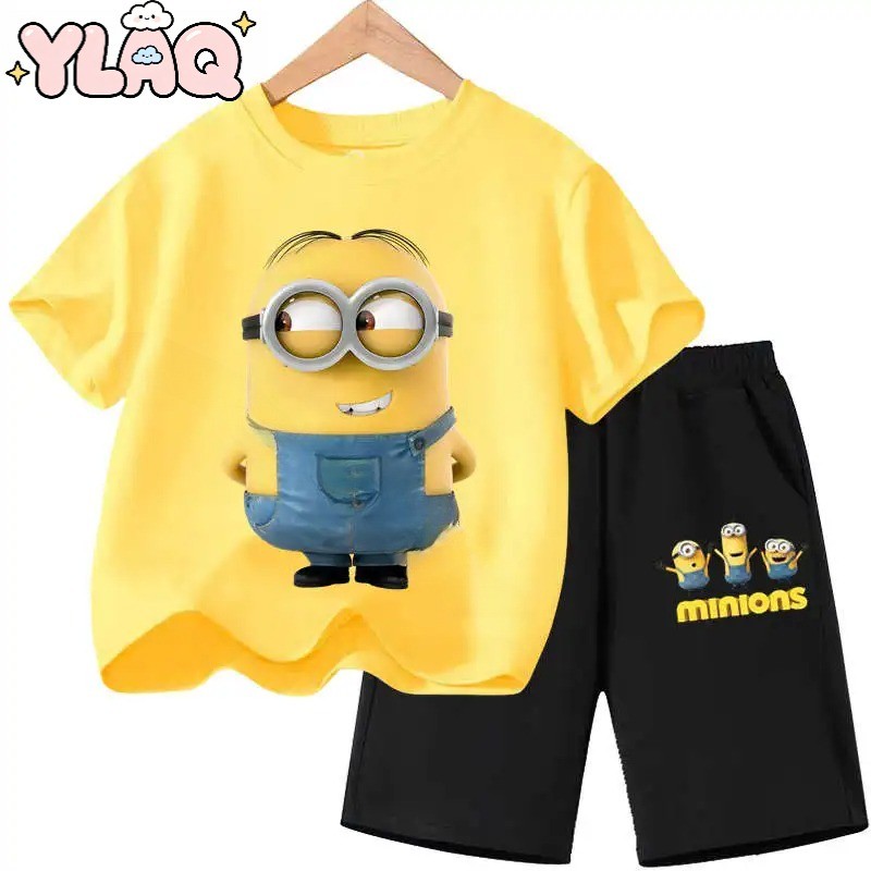 2026 มินเนี่ยนเสื้อยืดเด็กชุดใหม่น่ารักสบายๆการ์ตูนเสื้อผ้าสำหรับเด็กเสื้อเด็กผู้หญิง Y2k เสื้อยืดและ Y2k กางเกงชุด