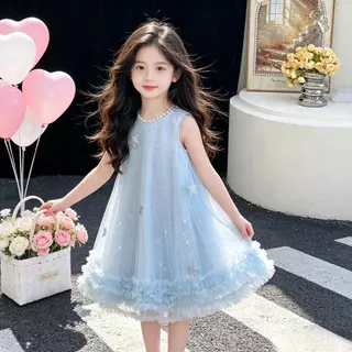 ชุดเดรสแขนกุดเด็กผู้หญิง รุ่นใหม่ปี 2026 สีฟ้าแฟนตาซี มีกลิตเตอร์ กระโปรงบานฟู สไตล์เจ้าหญิง สวยหรูสำหรับฤดูร้อน