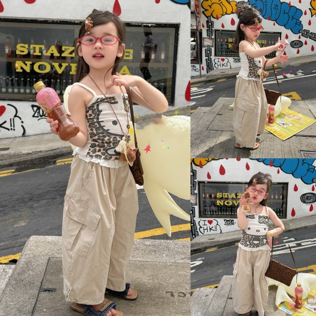 PRETTY BABY เสื้อเด็ก เสื้อสายเดี่ยว ลายการ์ตูน กางเกงขายาว ทรงคาร์โก้ ผ้าร่ม(2230)
