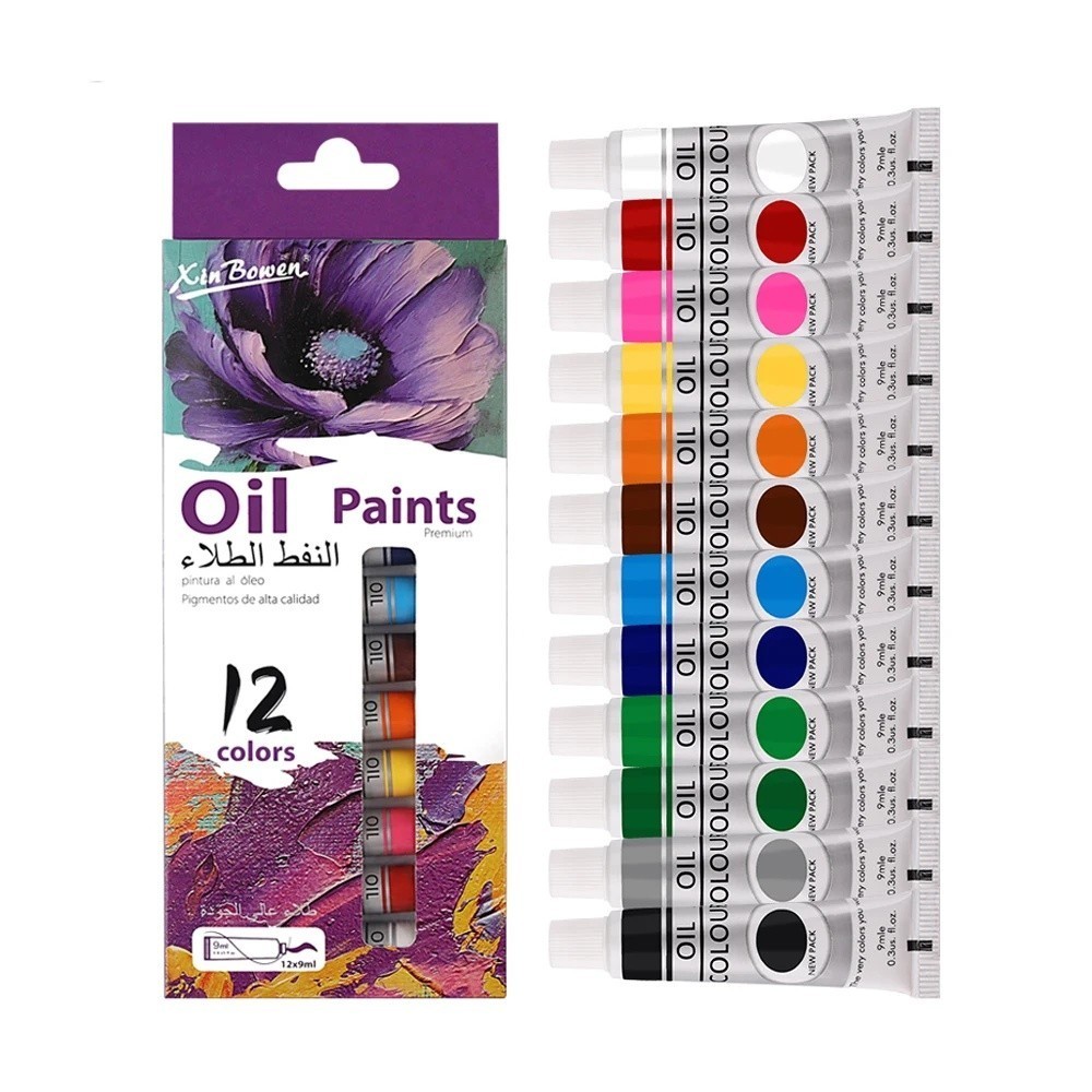 สีน้ำมัน 12หลอด 9ml ขนาด23.6×9×1.5ซม. มีถุงฟองน้ำ สำหรับนักเรียนมือใหม่